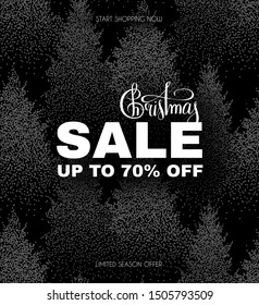 Christmas sale. Elegant design template with lettering and winter forest background.
