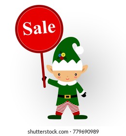 Christmas sale, Christmas Elf with banner. Christmas Elf with a sign. Vector illustration.