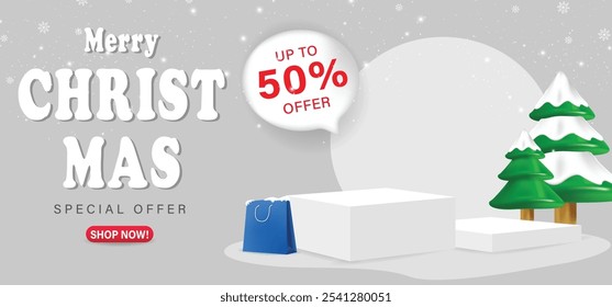 Venda de Natal com pódio vazio até 50% oferta, caixa de presentes, saco de compras, árvore de neve. Fundo de Natal com neve e flocos de neve com texto de Natal e compre agora