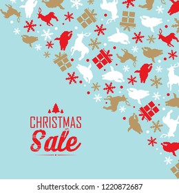 Christmas sale event poster with text about discounts in the left corner and decorative traditional symbols such as snowflake, santa claus in front corner vector illustration