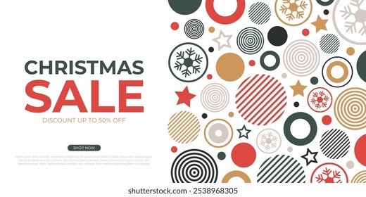 Christmas Sale. Festive commercial banner for holiday shopping promotion and sale advertising. Christmas balls, stars and snowflakes. White background. Vector illustration.