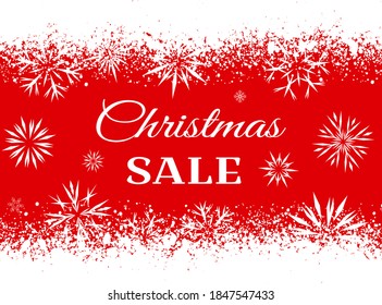 Christmas sale. Festive poster template with snowflakes on red background. Vector illustration