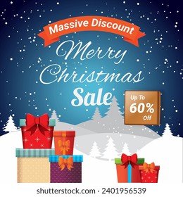 Christmas sale in flat design. Merry Christmas banner snowfall and Christmas Gifts with Discount up to 60% off. Special Sale. Massive Discount.
