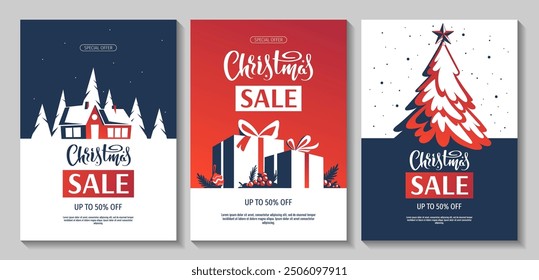 Christmas sale flyer or banner design templates with Christmas tree, gifts. Blue and red colors. 