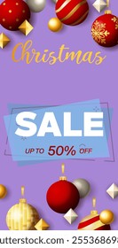 Christmas Sale flyer design with discount circular label. Festive decoration on purple background. Vector illustration for advertising design, vertical banner and poster templates