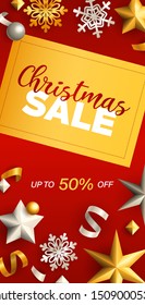 Christmas Sale flyer design. Gold and silver baubles, stars, streamer, snowflakes on red background. Vector illustration for advertising design, vertical banner and poster templates