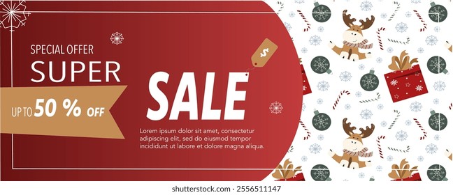 Christmas sale flyer. Festive advertising banner with cartoon deer, gift box, candy