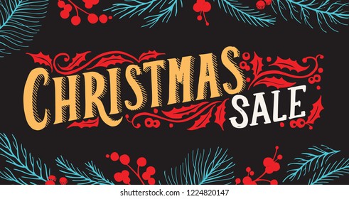 Christmas Sale Flyer With Holiday Decorations On A Chalkboard Vector Illustration Banner For Xmas Special Promotion. Design Poster With Vintage Lettering And Hand-drawn Graphic Elements.