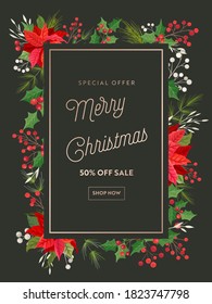 Christmas Sale flyer, Holiday Poinsettia flowers, Holly berries vector illustration banner, Xmas special promotion, offer, Seasonal discount concept design poster, Winter advertising