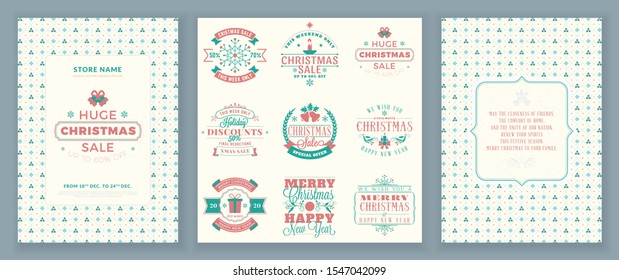 Christmas sale flyer poster design. Holiday shopping. Discount offer. Set of Christmas sale vintage badges. Typographic vector design elements for promotional discount banner