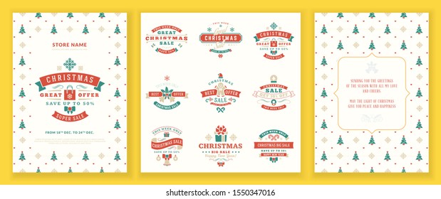 Christmas sale flyer poster design. Holiday shopping. Discount offer. Set of Christmas sale vintage badges. Typographic vector design elements for promotional discount banner