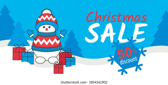 Christmas sale flyer with snowman, gifts, trees and snowflake. Vector illustration, flyer, banner, coupon, banner, background