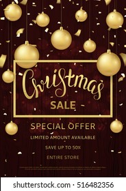 Christmas sale flyer template. Seasonal discount banner for business design. Xmas gift card with golden balls and confetti. Vector illustration with lettering.