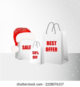 Christmas sale flyer. Three white paper bags with red text and Santa Claus hat. Sale, Best Offer, Shopping, Business. Mock up for design. Mockup