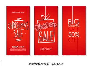 Christmas Sale flyers collection with hand lettering for business, commerce, promotion and advertising. Red background. Vector illustration.