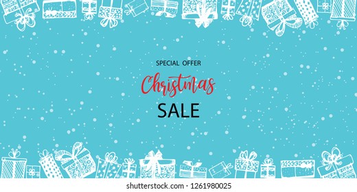 Christmas sale. Frame made of gifts. Hand drawn. Vector illustration