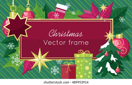 Christmas sale frame vector concept. Flat design. Illustration with leaves, christmas toys, gift boxes, sock stars snowflakes on green striped background. Winter holidays shopping, sales and discounts