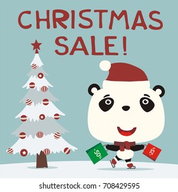 Christmas sale! Funny panda skating with packages shopping discounts.
