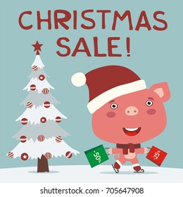 Christmas sale! Funny pig skating with packages shopping discounts. 