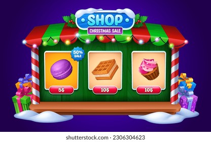 Christmas sale in game shop. UI frame with wooden signboard and badges of cake, macaron and waffles. Game store banner with winter holiday decoration, vector cartoon illustration