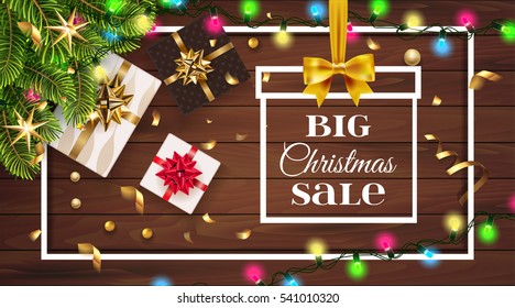 Christmas sale with gift box and gold bow, christmas tree. Happy New Year decoration with confetti and light garland. Christmas typographical background with fir branches and elements. Vector