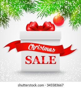Christmas Sale. Gift white box with a red bow. Vector illustration. EPS 10