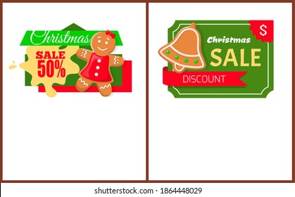 Christmas sale gingerbread woman and jingle bell cookie on labels, vector web pages templates with text samples. Christmas sites design with price tags