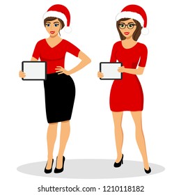 Christmas sale. Girl with a tablet pc. Girl with ipad. Isolated object. Vector illustration