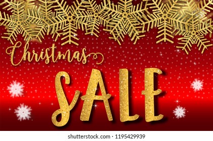 Christmas Sale with glitter gold texture and snowfall,snowflakes,winter,light,stars patterned paper cut art style on Luxury background.for greetings card, flyers, invitation.vector illustration