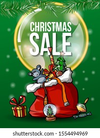 Christmas sale green banner. 2020. Santa Claus gifts. Gift box, rat, snow globe, toys. Merry Christmas and Happy New year greeting card. Christmas tree. Vector classsic cartoon.