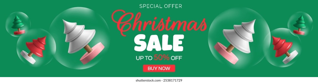 christmas sale green  banner design with 3d christmas trees glass balls  vector illustration