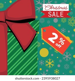 Christmas Sale Green Gift Box With Red Ribbon With Tag 2% Off and Gold Silver Snowflakes and Balls in Background