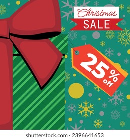 Christmas Sale Green Gift Box With Red Ribbon With Tag 25% Off and Gold Silver Snowflakes and Balls in Background