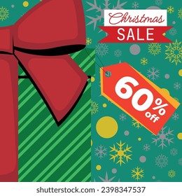 Christmas Sale Green Gift Box With Red Ribbon With Tag 60% Off and Gold Silver Snowflakes and Balls in Background