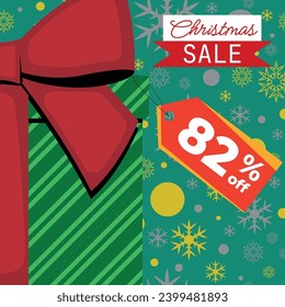 Christmas Sale Green Gift Box With Red Ribbon With Tag 82% Off and Gold Silver Snowflakes and Balls in Background
