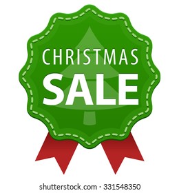 Christmas Sale green label with a seam and red ribbons icon isolated on white background. Special limited offer. Vector illustration