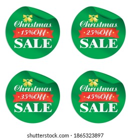 Christmas sale green stickers set 15%, 25%, 35%, 45% off with gold bell and red ribbon. Vector illustration