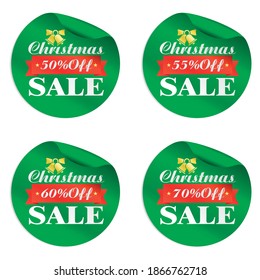 Christmas sale green stickers set 50%, 55%, 60%, 70% off with gold bell and red ribbon. Vector illustration