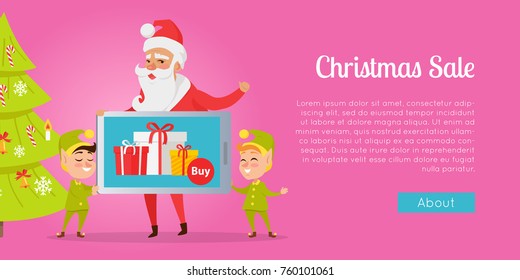 Christmas sale greeting banner with Santa Claus and elves in green costumes holding modern electronic device with presents. Vector illustration of New Year characters near decorated Christmas tree.
