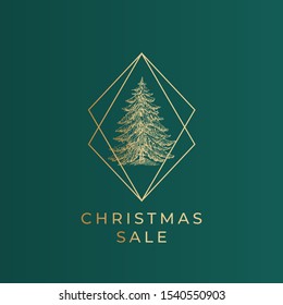 Christmas sale greetings vector banner template. Gold ink fir pine tree in square frame on dark green background. Elegant Xmas wishes postcard design. Stylish Merry Christmas social media post layout.