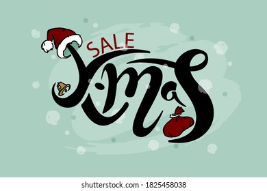 Christmas sale handwritten black text. Celebrating x'mas lettering with Santa hat and sack with gifts. New Year promotion, discount, best price. Invitation card, banner postcard, logo, sales concept. 