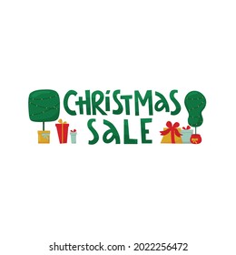 Christmas sale handwritten lettering sign and Grinch tree   gift boxes  Vector stock illustration isolated white background for template design Christmas sale banner  leaflet  invitation  EPS10