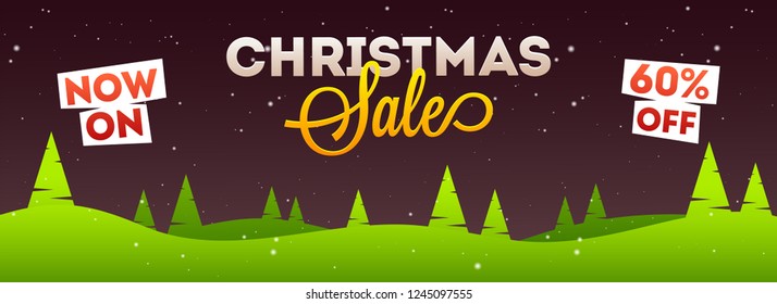 Christmas sale header or banner design with 60% discount offer on paper cut style nature landscape background.