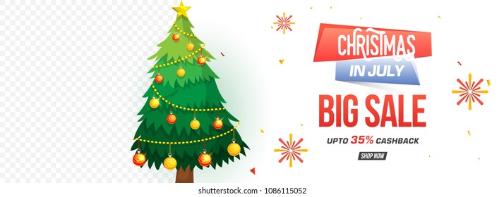 Christmas sale header, banner or poster design with decorated Xmas Tree and space for your image. Upto 35% cashback offers.