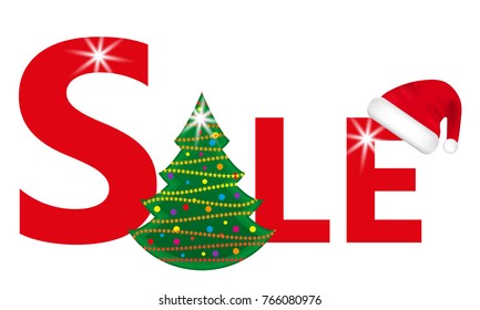 Christmas sale header with Christmas Tree and Santa hat isolated on white background. Vector illustration.