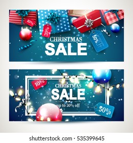 Christmas sale headers with red and blue gift boxes with price tags