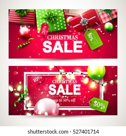 Christmas sale headers with red and green gift boxes with price tags