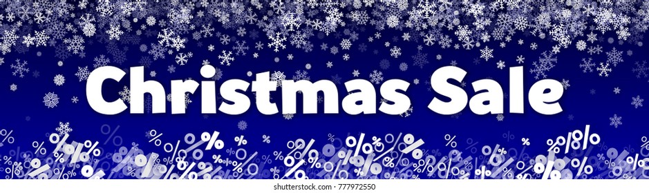 Christmas Sale holiday banner with snowflakes falling and percent signs offering a discount