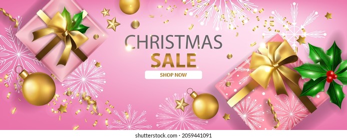 Christmas sale holiday banner, vector x-mas discount promotion background, gift box golden ball. Winter season offer poster web template, top view present, shop button bow. Christmas sale landing page