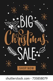 Christmas Sale. Holiday card with hand lettering text and decorative elements.